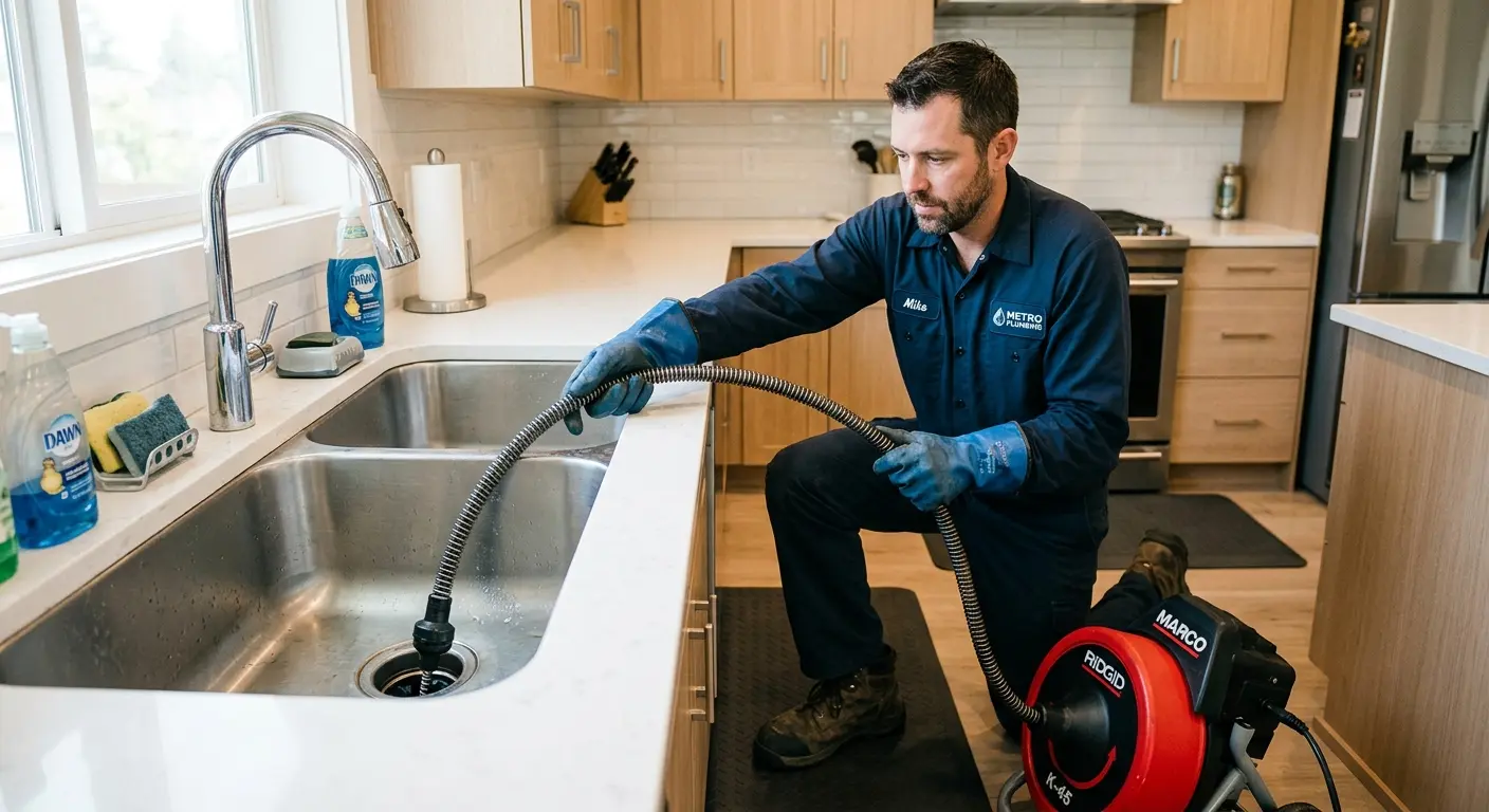 Drain cleaning technician using a motorized snake on a kitchen sink in New Kingman-Butler