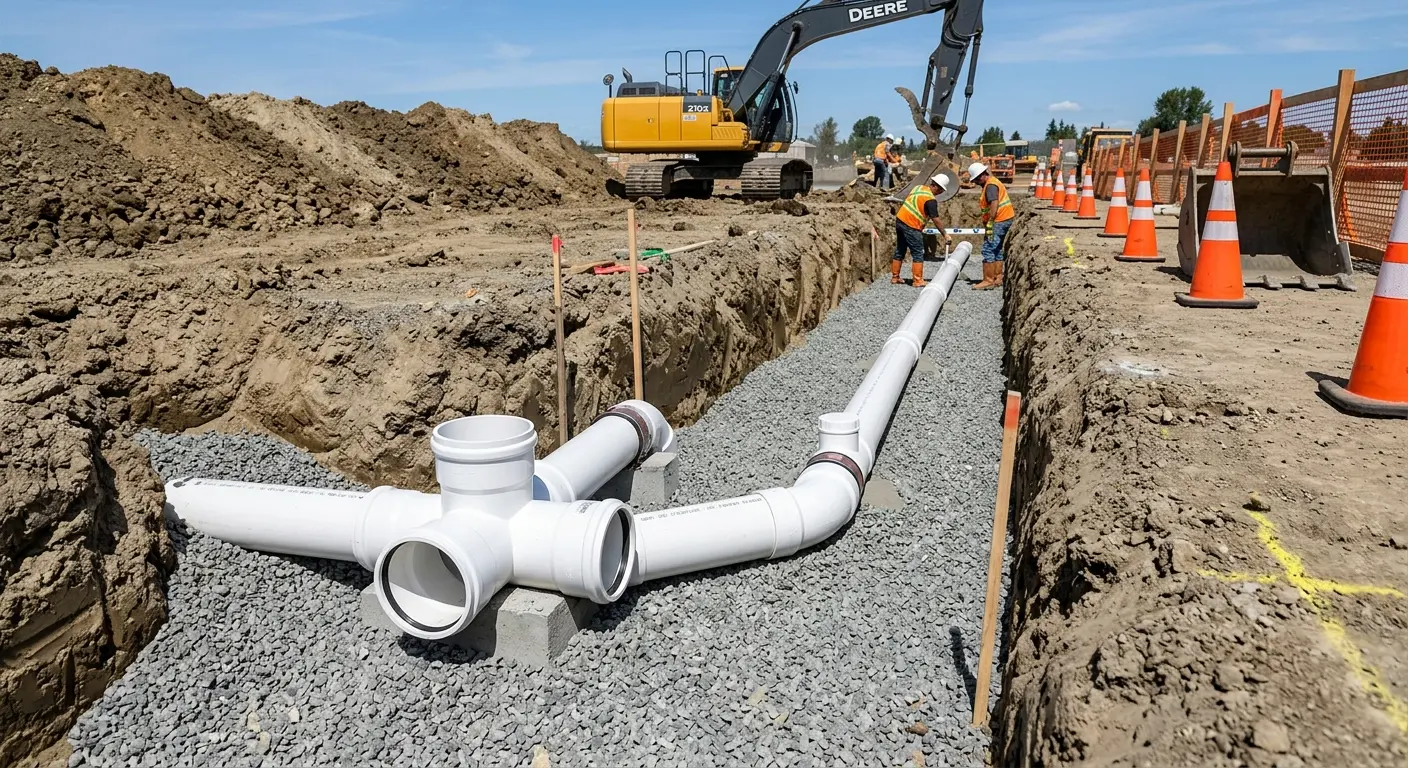 New PVC sewer pipe installation in open trench for Commercial Drain Cleaning in New Kingman-Butler