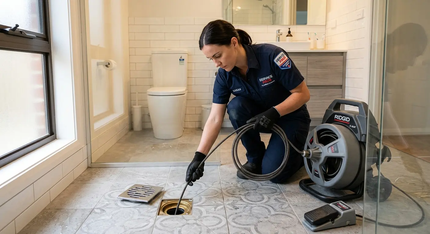 Technician clearing a bathroom floor drain for Clogged Drain Repair in New Kingman-Butler